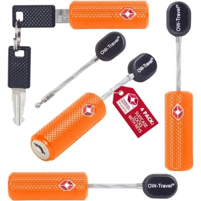 Abbildung von Kabel Schloss mit Schlüssel (4er) OW Travel Kofferschloss Vorhängeschloss Gepäckschloss Sicherheitsschloss Schlüsselschloss TSA Lock Cable USA für Reise Koffer Spind Rucksack (Orange)