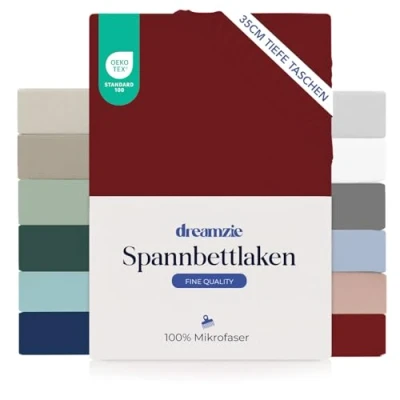 Abbildung von Dreamzie Spannbettlaken 140x190/200cm 35 cm Tiefe Tasche 100% Mikrofaser Bettlaken Burgunderrot, Schadstoffgeprüft(Oeko TEX), mit Gummizug