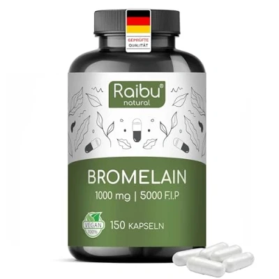Abbildung von Bromelain Kapseln Hochdosiert 1000 mg (5.000 F.I.P.) 150 magensaftresistente aus natürlichem Ananasextrakt Vegan und laborgeprüft Raibu