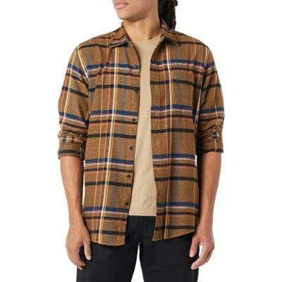 Abbildung von Amazon Essentials Herren Langarmhemd aus Flanell (in Übergröße erhältlich), Braun Schwarz Plaid Mischen, S