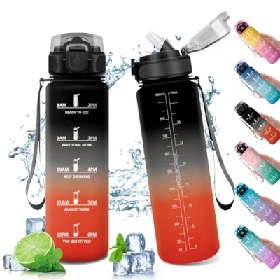 Abbildung von Sportflasche 1L, Wasserflasche Sport Auslaufsicher mit Zeitmarkierung, Trinkflasche Auslaufsicher, Strohhalm, für Fitness, Camping, Fahhrad, Erwachsener, Sprudel
