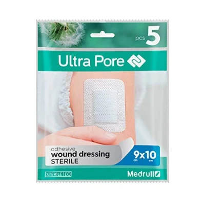 Abbildung von Medrull Steriler Wundverband ULTRA PORE Sterile Wundpflaster Starke Klebekraft Schützt bei Schnittwunden &amp; Kratzern Einzeln verpackt 9 x 10 cm 5 Stück