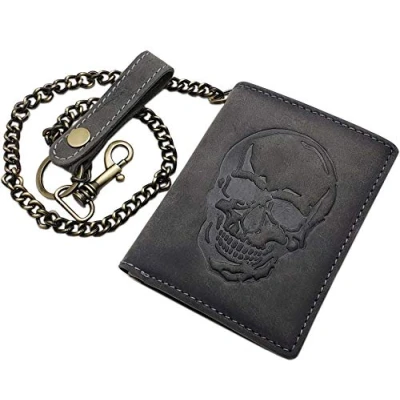 Abbildung von myledershop Echt Büffel Vollleder Hochformat Bikerbörse/Geldbörse/Geldbeutel/Portemonnaie mit Metallkette Totenkopf Motiv oder ohne RFID &amp; NFC Schutz (Totenkopf Motiv/Vintage Grau)