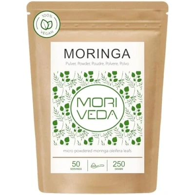 Abbildung von Moringa Pulver 250g Vegan und glutenfrei Mikrofeines Oleifera Blattpulver enthält Vitamine, Proteine, Aminosäuren, Mikronährstoffe mit höchster Bioverfügbarkeit von MoriVeda 1 x
