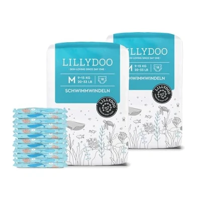 Abbildung von LILLYDOO hautfreundliche Einweg Schwimmwindeln für Babys, Größe M (9 15 kg), 2 Packungen (36 Stück) mit Unterwasser Design, Windeln sicheren Schutz im Wasser