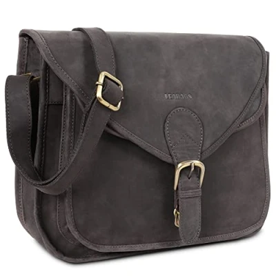 Abbildung von LEABAGS Leder Handtasche Damen I Premium Echtleder Umhängetasche Schultertasche Damentasche Tragetasche für Arbeit Uni Schule Freizeit Größe L (32 x 31 9 cm) Nature Dunkelbraun