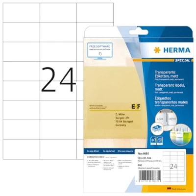 Abbildung von HERMA 4685 Wetterfeste Folienetiketten transparent, 25 Blatt, 70 x 37 mm, 24 pro A4 Bogen, 600 Stück, selbstklebend, bedruckbar, matt, blanko Klebeetiketten Aufkleber aus Folie, durchsichtig