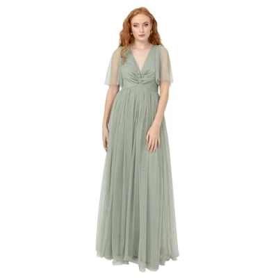 Abbildung von Anaya with Love Women&#039;s Maxi Ladies Short Flutter Sleeve V Neck Twist Front Empire A line Tulle Bridesmaid Wedding Guest Prom Dress, Frosty Green, 42