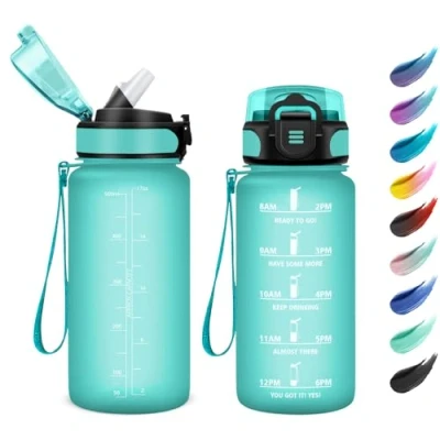Abbildung von Trinkflasche 500ml, Wasserflasche mit Strohhalm, Sport Trinkflaschen Kohlensäure Geeignet, Zeitmarkierungen, Auslaufsicher für Picknick, Schule, Junge, Mädchen, Büro