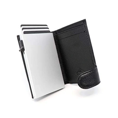 Abbildung von Stealth Wallet Minimalistische Schlanke Leichte Pop Up Kartenhalter Kontaktlos Geschützte Sichere Smart Card Halter Geldbörsen (Silber mit Schwarzem Leder und Münztasche)
