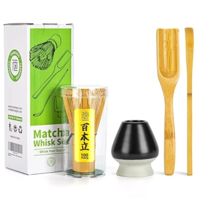 Abbildung von TEANAGOO Japanische Matcha Zeremonie, Schneebesen (Chasen), traditioneller Schöpflöffel (Chashaku), Teelöffel, mattschwarzer Schneebesenhalter, I4, das perfekte Set für die Zubereitung einer