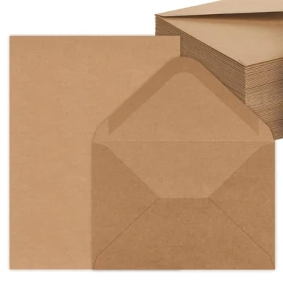Abbildung von 50 Sets Briefpapier mit Umschlag, Briefumschläge Kraftpapier und Blanko Karten zum Selbstgestalten für DIY, Einladungen, Grußkarten, Dankeskarten, DIN C6/A5, Braun