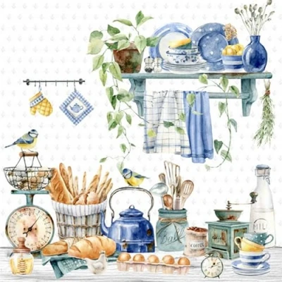 Abbildung von 20 Servietten Essen &amp; Trinken Blaumeisen in Küche als Tischdeko. Papierservietten mit Motiv. Auch für Decoupage und Serviettentechnik 33x33cm