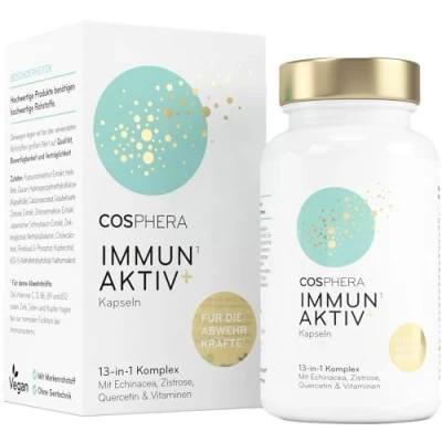 Abbildung von COSPHERA® 13 in 1 Immun Komplex mit Echinacea, Vitamin C, Zink, Selen, Zistrose, Quercetin, D3, B6, B9, B12 zum Immunsystem Stärken Erwachsene Vegan &amp; Hochdosiert