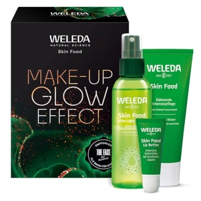 Abbildung von WELEDA Bio Geschenk Set Skin Food Make Up Glow Effect Naturkosmetik Geschenkbox mit SkinFood Hautpflege, 2in1 Dry Oil &amp; Lip Butter Lippenbalsam Unisex Gesichtspflege / Körperpflege Geschenkset