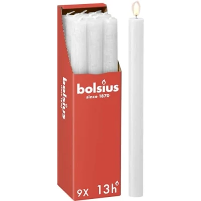 Abbildung von Bolsius Rustik Stabkerzen Weiß 9 Stück 27 x 2.3 cm Länge Brenndauer 13 Stunden Unparfümierte Enthält Natürliches Pflanzenwachs Ohne Palmöl
