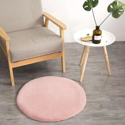 Abbildung von Teppich Wölkchen Fell Rund, Fellteppich Kunstfell Waschbar, Hasenfell, Kaninchenfell Sitzkissen Stuhlkissen Rund,Fell für Stühle, Stuhlauflage Rosa Rund 45cm