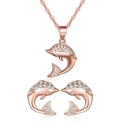 Abbildung von Yumilok Roségold 925 Sterling Silber Zirkonia Delfin Ohrstecker Halskette Schmuck Set Ohrringe Kette mit Anhänger für Damen Mädchen