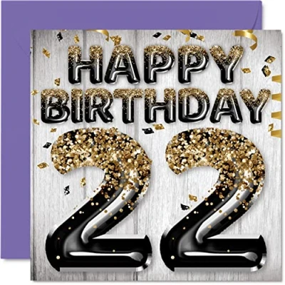 Abbildung von Geburtstagskarte zum 22. Geburtstag für Männer schwarze und goldene Glitzerballons Happy Karten 22 Jahre alten Mann Son Bruder Onkel Cousin, 145 mm x Sekunden Grußkarten Geschenk
