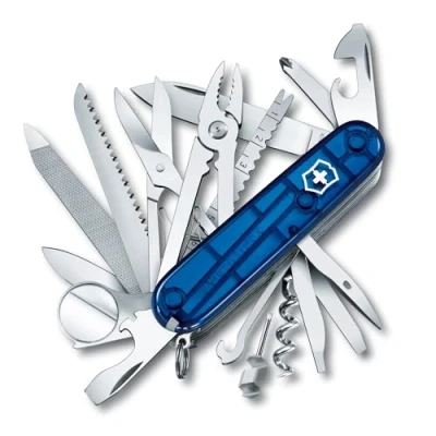 Abbildung von Victorinox Schweizer Taschenmesser Gross, Swiss Champ, Army Knife, Multitool, 33 Funktionen, Klinge, Korkenzieher, Schraubendreher, Blau Transparent