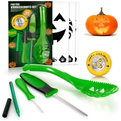 Abbildung von com four® 14 teiliges Kürbis Schnitz Set für Halloween Schneide Werkzeuge zum Aushöhlen von Kürbissen Messer, Löffel, Stift, Schablonen und LED Kürbislicht (grün mit LED)