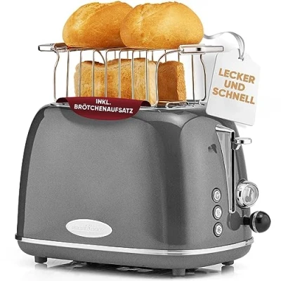 Abbildung von ProfiCook® Toaster im stilvollen Vintage Design 2 Scheiben mit Wide Slot (extra breite Toastschlitze) und massivem Metallgehäuse Retro Brötchenaufsatz PC TA 1193 anthrazit