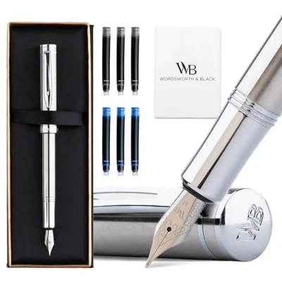Abbildung von Wordsworth and Black Fountain Pen Mini EDC Silberner Taschenstift, Chrom, Mittlere Feder, 6 Tintenpatronen, Tinten Konverter, Nachfüllbares Stift Geschenkset, Männer &amp; Frauen