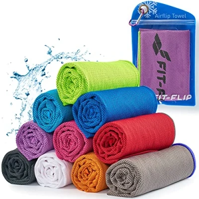 Abbildung von Fit Flip Kühltuch Airflip Towel das kühlende Sporthandtuch als Cooling und mikrofaser Ice Kühlhandtuch für Fitness Sport (Violet neon grüner Rand, 120x35cm)