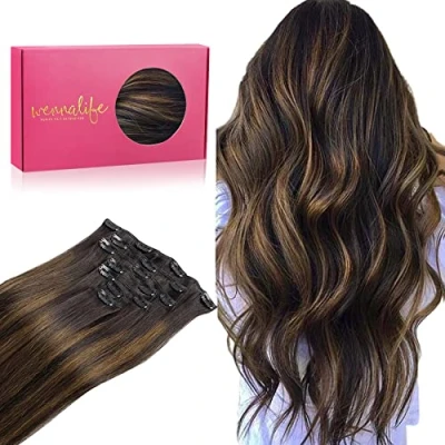 Abbildung von WENNALIFE Clip in Extensions Echthaar, 55cm 22 Zoll 120g 7pcs Balayage Dunkel Braun to Chestnut Hair Echthaar Remy Haarverlängerung Natürliche