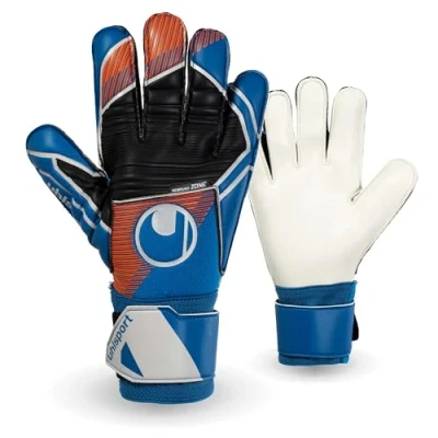 Abbildung von uhlsport Fußball Torwarthandschuhe für Kinder und Erwachsene, Soft Pro atmungsaktive Fussball Torhüter Handschuhe mit Handgelenkfixierung herausragendem Grip, blau/orange/weiß, Größe 7 11