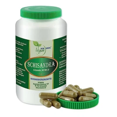Abbildung von VITAIDEAL VEGAN® Schisandra Pulver (Schizandra Wu Wie Zi) 360 pflanzliche Kapseln, je 620mg rein natürliches Pulver, ohne Zusatzstoffe. natürlich