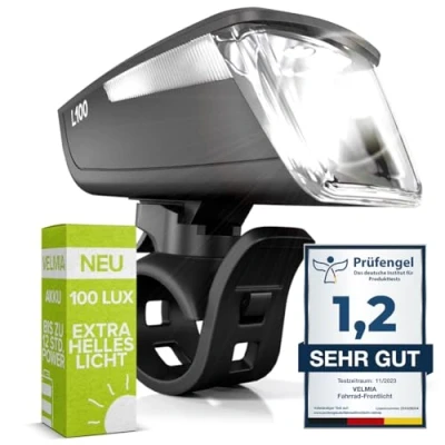 Abbildung von VELMIA Fahrradlicht Vorne StVZO zugelassen mit besonders starker Ausleuchtung und 8,5h Leuchtdauer I LED Fahrrad Licht regenfest aufladbar Front Fahrradlampe Schwarz