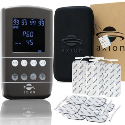 Abbildung von axion 4 Kanal TENS EMS Gerät STIM PRO X9B zur Schmerzlinderung durch elektrische Nervenstimulation, Training Muskelstimulation, Massage und Beckenbodentraining. Inkl. Akku 12 Elektroden