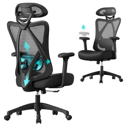 Abbildung von SONGMICS Ergonomischer Bürostuhl, Computerstuhl, Mesh Stuhl, Lendenkissen und Kopfstütze verstellbar, maximale Belastung: 150 kg, höhenverstellbar, Tintenschwarz, OBN063B01