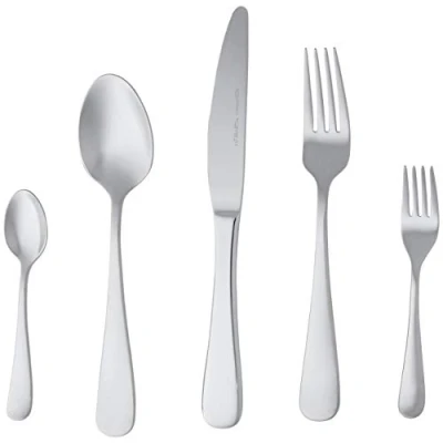Abbildung von Amazon Basics Essbesteck Set mit Abgerundeter Rand, Edelstahl, 20 teiliges Set, für 4 Personen, Silber