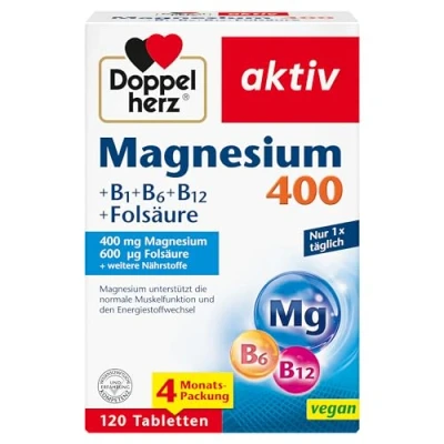 Abbildung von Doppelherz Magnesium 400 + B1 B6 B12 Folsäure unterstützt die normale Muskelfunktion und den Energiestoffwechsel 120 vegane Tabletten