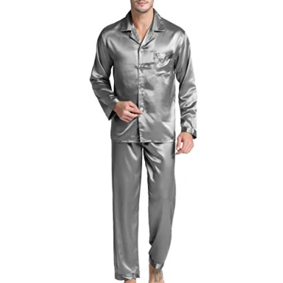 Abbildung von Herren Schlafanzug Pyjama Set Satin Nachtwäsche mit Langen Ärmel Loungewear (Grau, XL)