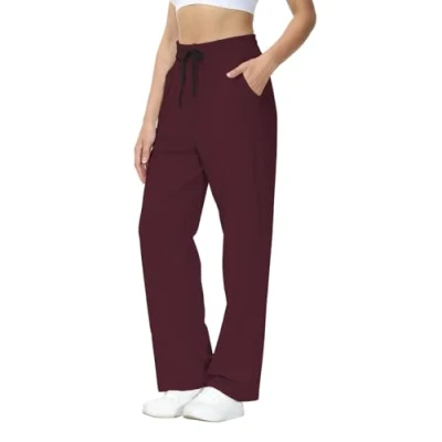 Abbildung von HMIYA Jogginghose Damen Baumwolle Freizeithose Lang offenem Boden Yogahose Sporthose Geradem Bein Hose mit Taschen (Tiefrot 3XL)