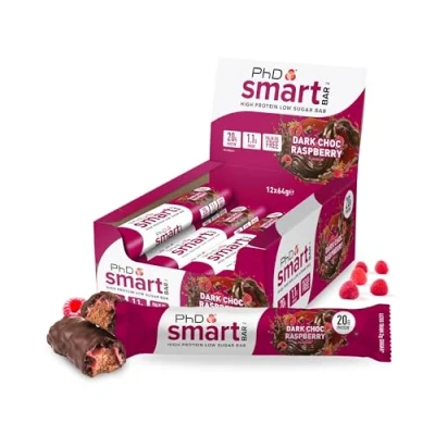 Abbildung von PhD Nutrition Smart Bar Protein Riegel Dunkle Schokolade Himbeere 12 x 64g High Snack mit 20g Eiweiß und wenig Zucker, Makrofreundlicher Eiweißriegel