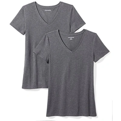 Abbildung von Amazon Essentials Damen Kurzärmeliges T Shirt mit V Ausschnitt, Klassischer Schnitt, 2er Pack, Dunkelgrau Meliert, XXL