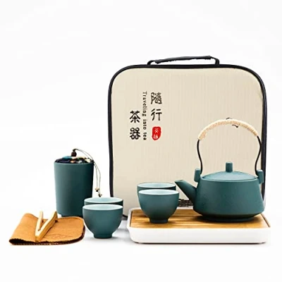 Abbildung von fanquare Japanisches Tragbare Reise Tee Set mit Reisetasche, Grün Chinesisches aus Keramik, Kung Fu Service Teekanne, Teetassen, Bambus Tablett