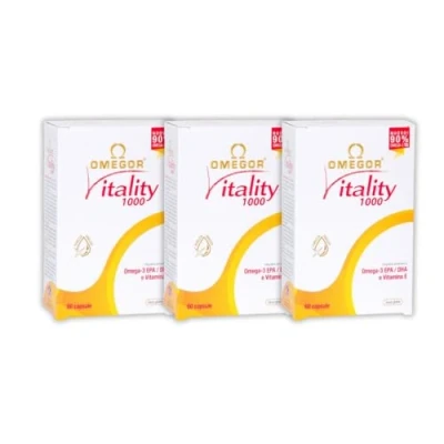 Abbildung von Omegor Vitality 1000 Nahrungsergänzungsmittel mit 90% Omega 3 in Triglyceridform Vitamin E Für die Gesundheit von Herz, Sehvermögen und Gehirn IFOS zertifiziert 60 Kapseln