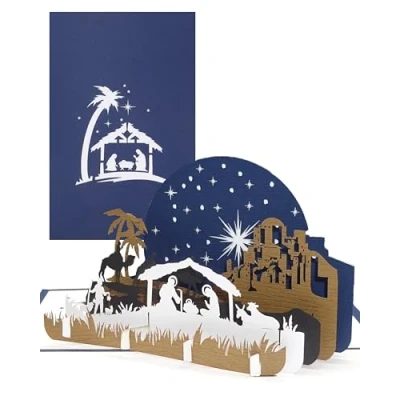 Abbildung von 3D Weihnachtskarte „Heilige Familie Weihnachten“, Edle Pop Up Karte zu Weihnachten mit Krippe in Blau &amp; Weiß