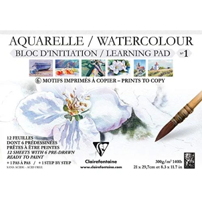Abbildung von Clairefontaine 96098C Aquarellblock (mit Vordruck, verleimt, 12 Blätter, 300 g, DIN A4, 21 x 29,7 cm, 100% Zellulose, geeignet für Anfänger) weiß