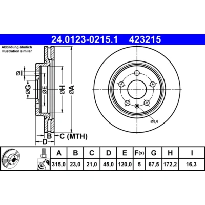 Abbildung von ATE 24.0123 0215.1 Bremsscheibe 315,0 23,0 5 120,0 Belüftet beschichtet mit Schrauben OPEL: Insignia B Sports Tourer, Grand Sport