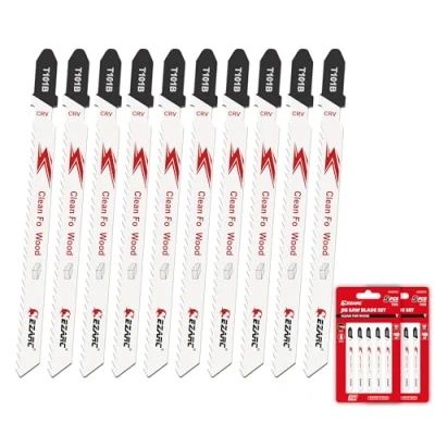 Abbildung von EZARC 10tlg Stichsägeblätter T101B für sauberes Holzschneiden, 10TPI T Schaft Stichsägeblatt Set aus CRV, gebogenes und gewelltes Schneiden