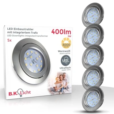 Abbildung von B.K.Licht 5er Set LED Einbaustrahler 230V schwenkbar, warmweiße Lichtfarbe, Lochmass 68mm, Spot, flach, Deckenspots, Spots, Einbauleuchten, Einbauspots LED, 86x26 mm, Matt Nickel