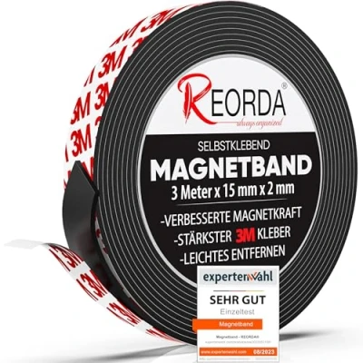 Abbildung von Reorda® Magnetband selbstklebend Stärkster Halt dank 3M Kleber mit optimierter Magnetkraft durch Anisotropic Material Anwendbar in Küche, Schule &amp; Büro