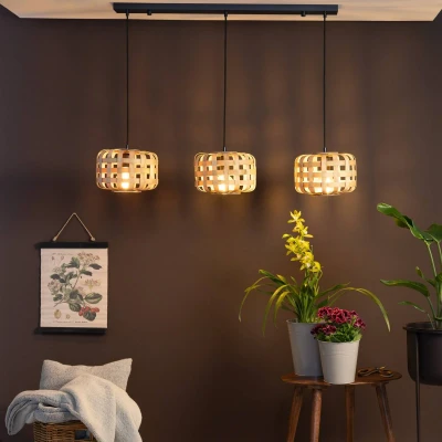 Abbildung von Brilliant Pendelleuchte »Woodline«, 3 flammig, Leuchtmittel E27 ohne Leuchtmittel, 146 x 25 104 cm, E27, Schirme aus Bambus, natur/schwarz