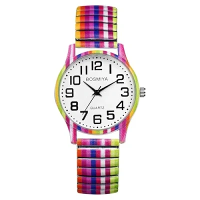 Abbildung von JewelryWe Damenuhr Regenbogen Elastische Uhr: Boho Bunte Streifen Gestreift LGBTQ Gay &amp; Lesbian Pride Analog Quarz Armbanduhr Damen Stretchband Uhr mit Edelstahl Zugband großen Zahlen Zifferblatt